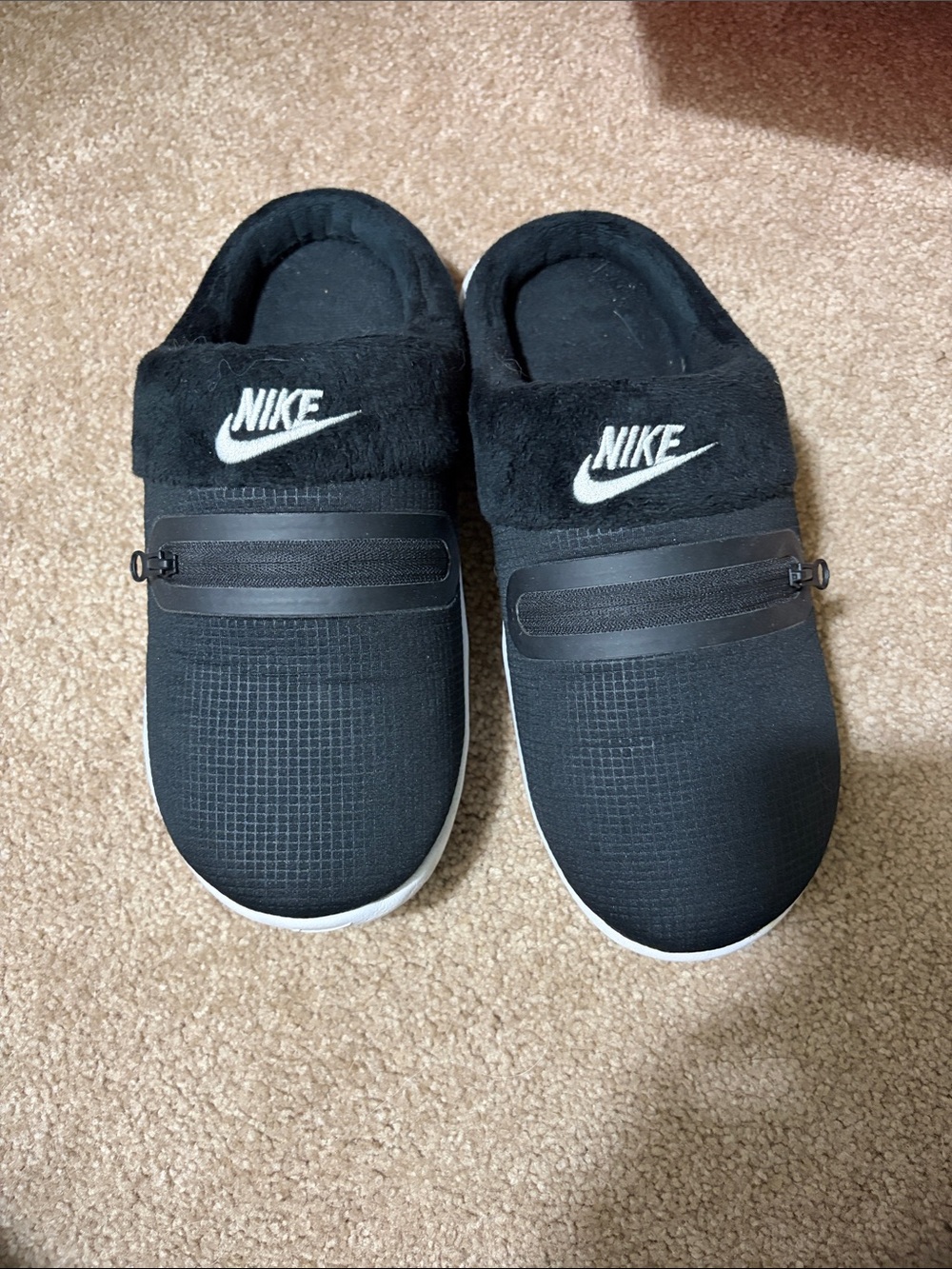 Nike Black Slip-On Fleece Clog with White Swoosh Accent